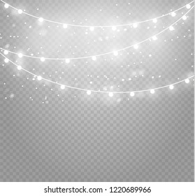 Christmas lights isolated realistic design elements. Glowing lights for Xmas Holiday cards, banners, posters, web design. Garlands decorations. Led neon lamp