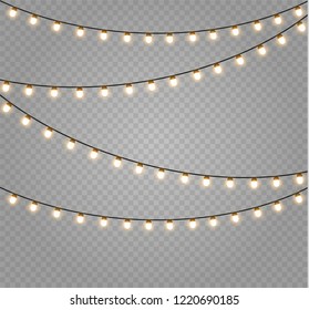 Christmas lights isolated realistic design elements. Glowing lights for Xmas Holiday cards, banners, posters, web design. Garlands decorations. Led neon lamp