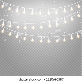 Christmas lights isolated realistic design elements. Glowing lights for Xmas Holiday cards, banners, posters, web design. Garlands decorations. Led neon lamp