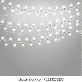 Christmas lights isolated realistic design elements. Glowing lights for Xmas Holiday cards, banners, posters, web design. Garlands decorations. Led neon lamp