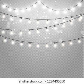 Christmas lights isolated realistic design elements. Glowing lights for Xmas Holiday cards, banners, posters, web design. Garlands decorations. Led neon lamp