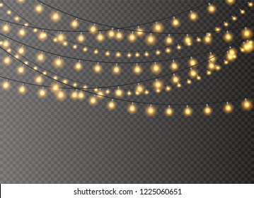 Christmas lights isolated realistic design elements. Glowing lights for Xmas Holiday cards, banners, posters, web design. Garlands decorations. Led neon lamp