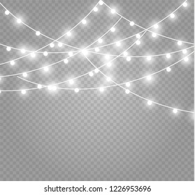 Christmas lights isolated realistic design elements. Glowing lights for Xmas Holiday cards, banners, posters, web design. Garlands decorations. Led neon lamp