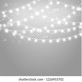 Christmas lights isolated realistic design elements. Glowing lights for Xmas Holiday cards, banners, posters, web design. Garlands decorations. Led neon lamp