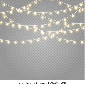 Christmas lights isolated realistic design elements. Glowing lights for Xmas Holiday cards, banners, posters, web design. Garlands decorations. Led neon lamp