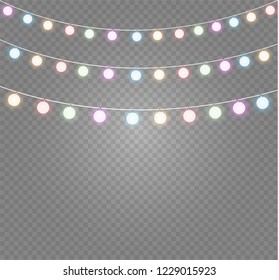 Christmas lights isolated realistic design elements. Glowing lights for Xmas Holiday cards, banners, posters, web design. Garlands decorations. Led neon lamp