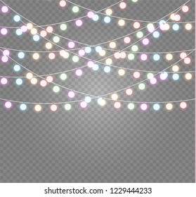 Christmas lights isolated realistic design elements. Glowing lights for Xmas Holiday cards, banners, posters, web design. Garlands decorations. Led neon lamp