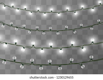 Christmas lights isolated realistic design elements. Glowing lights for Xmas Holiday cards, banners, posters, web design. Garlands decorations.