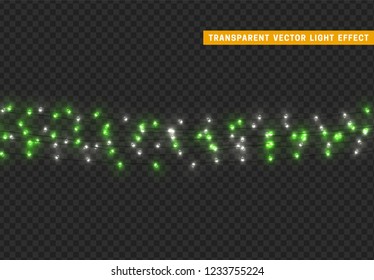 Christmas lights, isolated realistic design elements on transparent background. Xmas decorations glow light garlands white and green color.