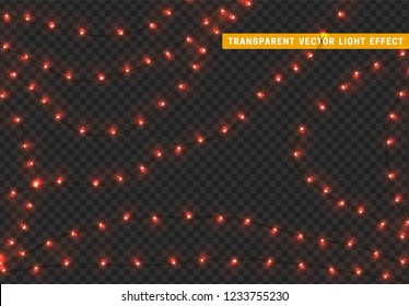 Christmas lights, isolated realistic design elements on transparent background. Xmas decorations glow light garlands.