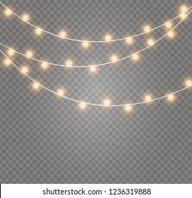 Christmas lights isolated realistic design elements. Glowing lights for Xmas Holiday cards, banners, posters, web design. Garlands decorations. Led neon lamp