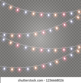Christmas lights isolated realistic design elements. Glowing lights for Xmas Holiday cards, banners, posters, web design. Garlands decorations. Led neon lamp