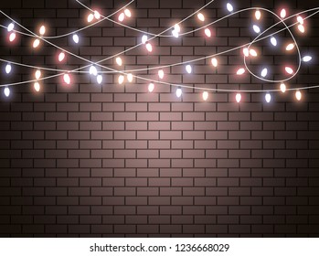 Christmas lights isolated realistic design elements. Glowing lights for Xmas Holiday cards, banners, posters, web design. Garlands decorations. Led neon lamp