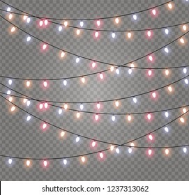 Christmas lights isolated realistic design elements. Glowing lights for Xmas Holiday cards, banners, posters, web design. Garlands decorations. Led neon lamp