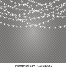 Christmas lights isolated realistic design elements. Glowing lights for Xmas Holiday cards, banners, posters, web design. Garlands decorations. Led neon lamp