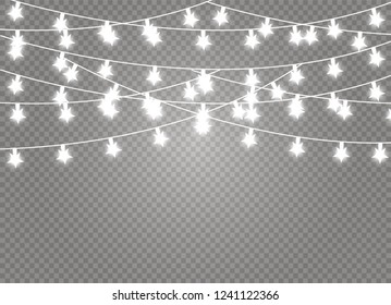 Christmas lights isolated realistic design elements. Glowing lights for Xmas Holiday cards, banners, posters, web design. Garlands decorations. Led neon lamp
