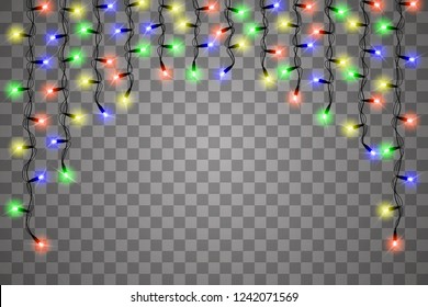 Christmas lights isolated realistic design elements. Glowing lights for Xmas Holiday cards, banners, posters, web design. Garlands decorations. Vector illustration.