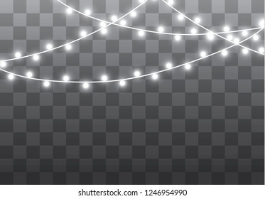 Christmas lights isolated realistic design elements. Glowing lights for Xmas Holiday cards, banners, posters, web design. Garlands decorations. Led neon lamp