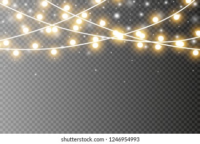 Christmas lights isolated realistic design elements. Glowing lights for Xmas Holiday cards, banners, posters, web design. Garlands decorations. Led neon lamp