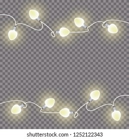 Christmas lights isolated realistic design elements. Glowing lights Holiday greeting card design. Garlands, Christmas decorations. Led neon lamp