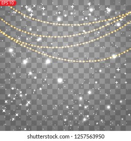 Christmas lights isolated realistic design elements. Glowing lights for Xmas Holiday cards, banners, posters, web design. Garlands decorations. Led neon lamp