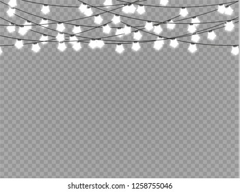 Christmas lights isolated realistic design elements. Glowing lights for Xmas Holiday cards, banners, posters, web design. Garlands decorations. Led neon lamp