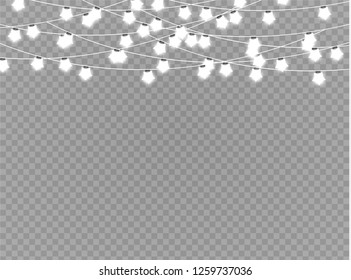 Christmas lights isolated realistic design elements. Glowing lights for Xmas Holiday cards, banners, posters, web design. Garlands decorations. Led neon lamp