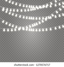 Christmas lights isolated realistic design elements. Glowing lights for Xmas Holiday cards, banners, posters, web design. Garlands decorations. Led neon lamp