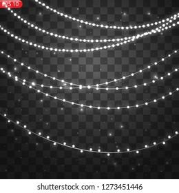 Christmas lights isolated realistic design elements. Glowing lights for Xmas Holiday cards, banners, posters, web design. Garlands decorations. Led neon lamp