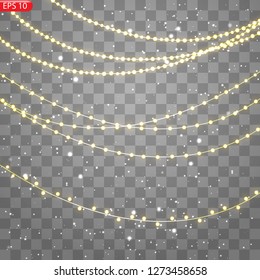 Christmas lights isolated realistic design elements. Glowing lights for Xmas Holiday cards, banners, posters, web design. Garlands decorations. Led neon lamp