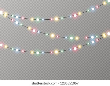 Christmas lights isolated realistic design elements. Glowing lights for Xmas Holiday cards, banners, posters, web design. Garlands decorations. Led neon lamp