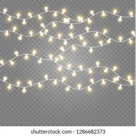 Christmas lights isolated realistic design elements. Glowing lights for Xmas Holiday cards, banners, posters, web design. Garlands decorations. Led neon lamp