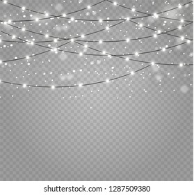 Christmas lights isolated realistic design elements. Glowing lights for Xmas Holiday cards, banners, posters, web design. Garlands decorations. Led neon lamp