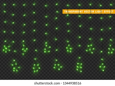 Christmas lights, isolated realistic design elements on transparent background. Xmas decorations glow light garlands green color.