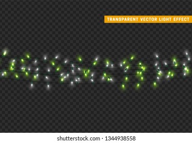 Christmas lights, isolated realistic design elements on transparent background. Xmas decorations glow light garlands white and green color.
