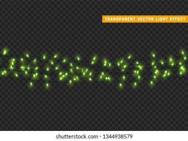 Christmas lights, isolated realistic design elements on transparent background. Xmas decorations glow light garlands green color.