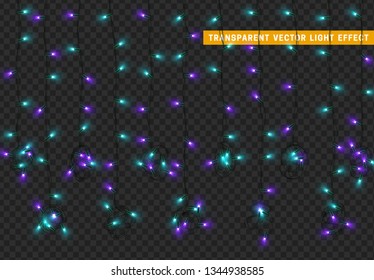 Christmas lights, isolated realistic design elements on transparent background. Xmas decorations glow light garlands turquoise and purple color.