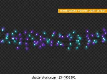 Christmas lights, isolated realistic design elements on transparent background. Xmas decorations glow light garlands turquoise and purple color.