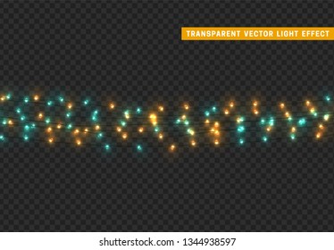 Christmas lights, isolated realistic design elements on transparent background. Xmas decorations glow light garlands blue and golden color.