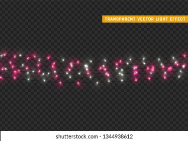 Christmas lights, isolated realistic design elements on transparent background. Xmas decorations glow light garlands white and pink color.