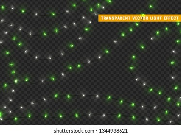 Christmas lights, isolated realistic design elements on transparent background. Xmas decorations glow light garlands white and green color.