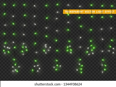 Christmas lights, isolated realistic design elements on transparent background. Xmas decorations glow light garlands white and green color.