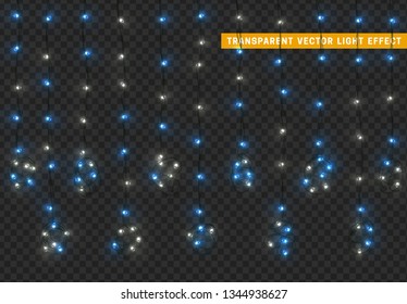 Christmas lights, isolated realistic design elements on transparent background. Xmas decorations glow light garlands white and blue color.