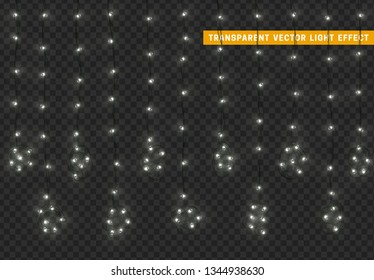 Christmas lights, isolated realistic design elements on transparent background. Xmas decorations glow light garlands white color.