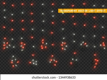 Christmas lights, isolated realistic design elements on transparent background. Xmas decorations glow light garlands white and red color.