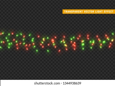 Christmas lights, isolated realistic design elements on transparent background. Xmas decorations glow light garlands green and red color.