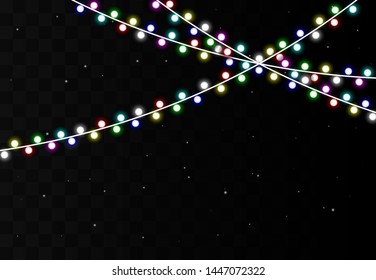 	
Christmas lights isolated realistic design elements. Glowing lights for Xmas Holiday cards, banners, posters, web design. Garlands decorations. Led neon lamp