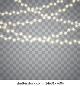 Christmas lights isolated realistic design elements. Garlands decorations.  Glowing lights for Xmas Holiday greeting card design. Vector illustration EPS10