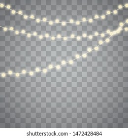 Christmas lights isolated realistic design elements. Garlands decorations.  Glowing lights for Xmas Holiday greeting card design.