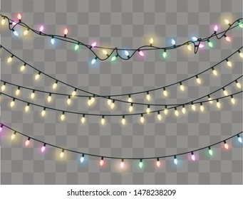 Christmas lights isolated realistic design elements. Glowing lights for Xmas Holiday.Led neon lamp